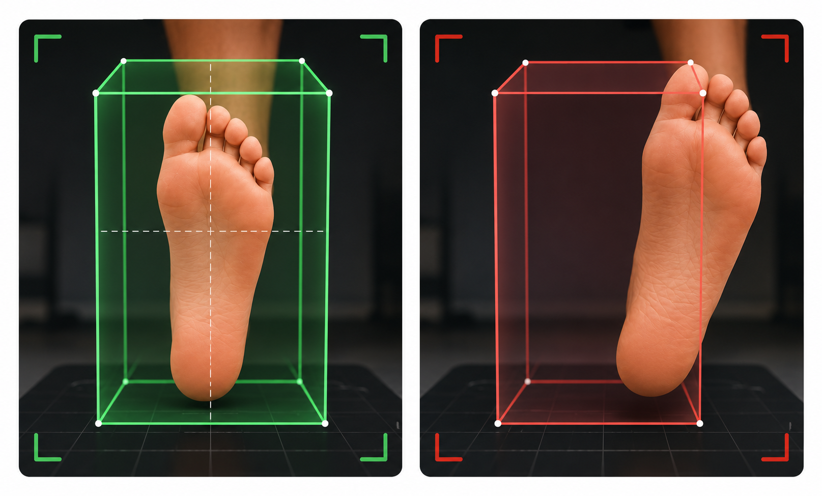 Bounding box placement guide — correct placement shows the sole centered inside the box, incorrect placement shows the sole too close to or outside the box edges.
