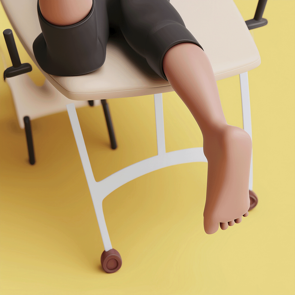 Recommended lying face-down position with foot hanging and toes pointing down.
